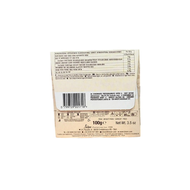 Vue arrière du mini panettone Loison 100 g, présentant les détails nutritionnels de ce délicieux mini panettone artisanal.