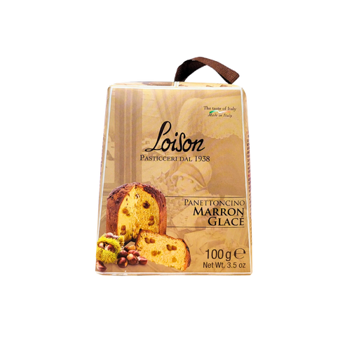 Panettoncino Marron Glacé Loison 100g - Face avant avec emballage illustrant le panettone aux marrons glacés.