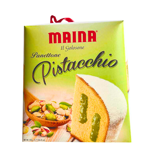 Emballage avant du Panettone Pistacchio Maina 750g, mettant en avant le gâteau de Noël italien garni de crème au pistache et décoré de sucre glace.