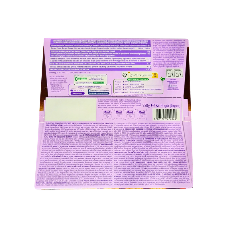 Vue arrière du panettone chocolat Bauli 3 Cioccolati 750 g, présentant les ingrédients et les informations sur les allergènes.