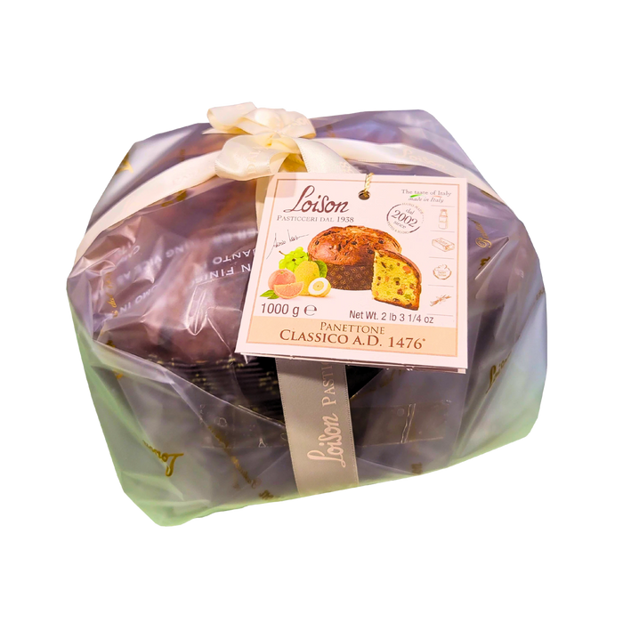 Panettone Classico Loison 1kg en emballage cadeau avec étiquette montrant le gâteau traditionnel italien.