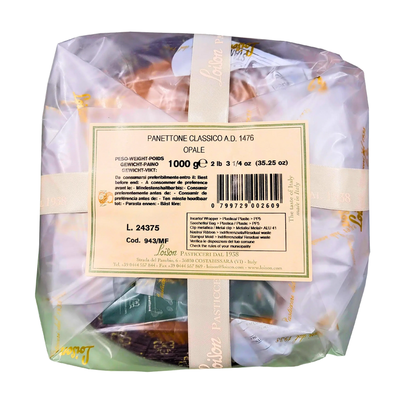 Packaged Italian panettone classique A.D. 1476 by Loison, 1kg, traditional recipe, ingredients and allergen info visible on label