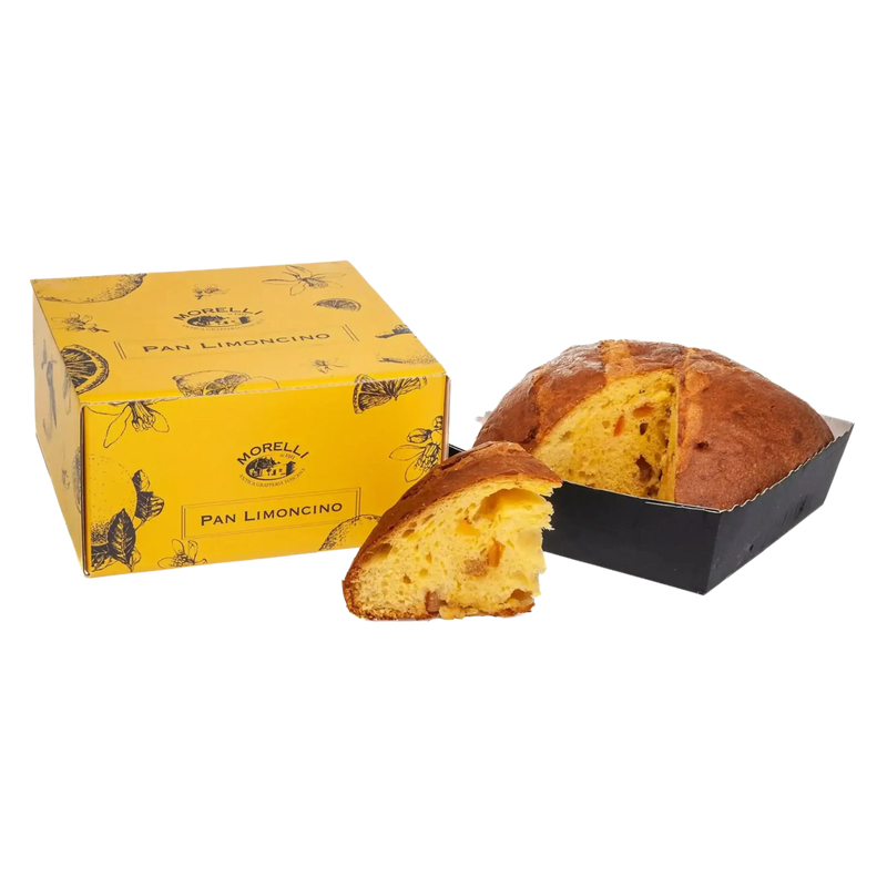 Boîte jaune du Panettone Limoncino Morelli accompagnée d'un panettone découpé montrant sa texture.
