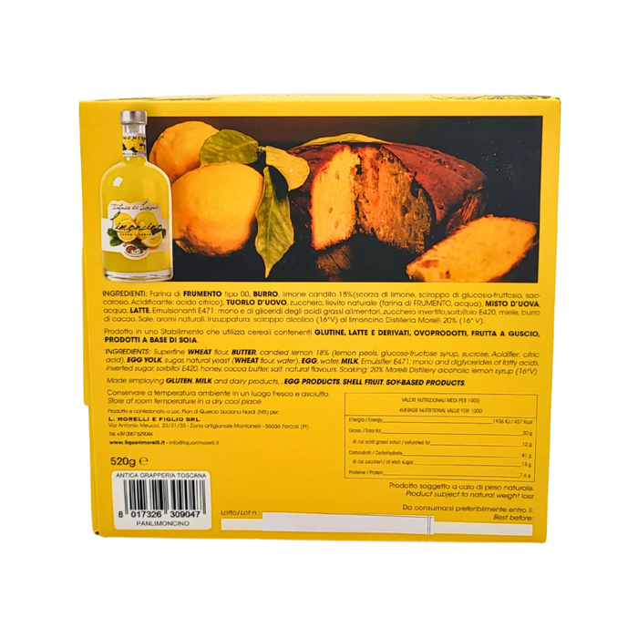 Vue arrière du Panettone Limoncino Morelli avec les informations sur les ingrédients, les allergènes et les valeurs nutritionnelles.