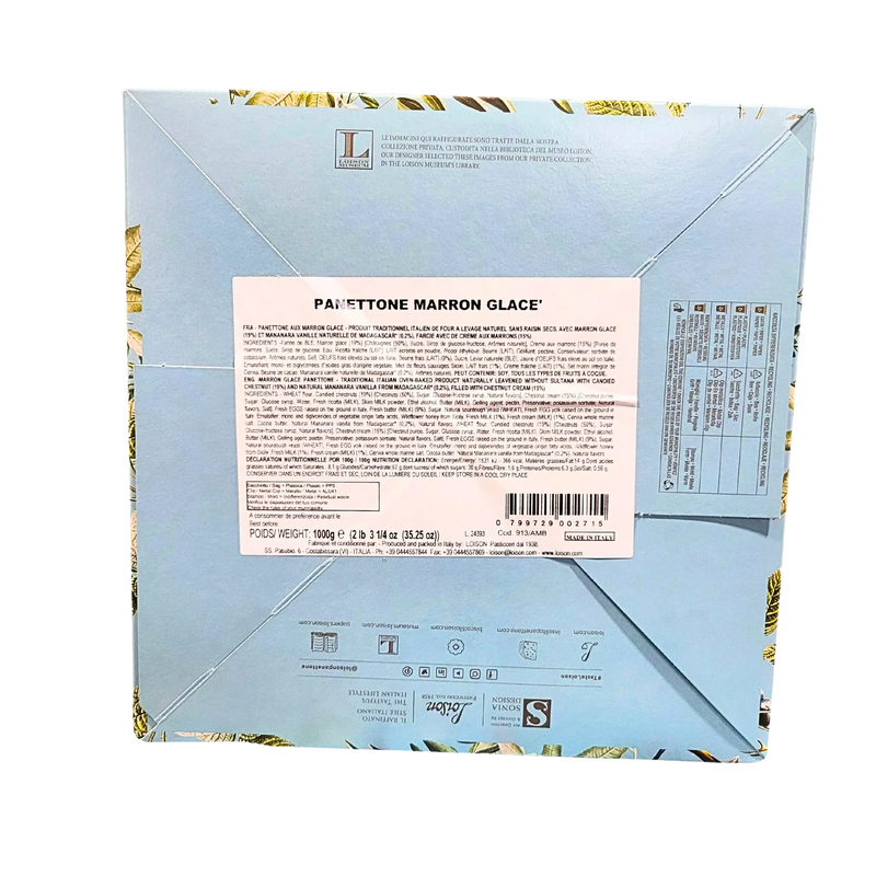Vue arrière de la boîte du panettone marrons glacés Loison 1 kg, affichant les ingrédients et les informations nutritionnelles.
