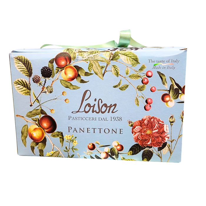 Image de la face avant du Panettone Loison 1kg avec un design floral élégant, fabriqué en Italie.