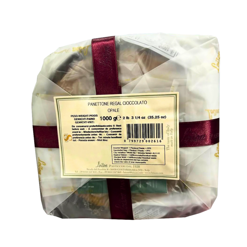 Vue du dessous du Panettone chocolat Loison 1 kg, mettant en avant les détails de l’emballage et l’étiquette artisanale de la maison Loison.