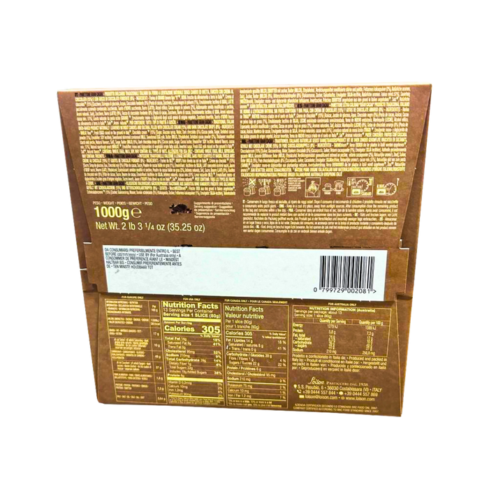 Face arrière du Panettone Gran Cacao Loison 1kg avec informations nutritionnelles et composition du produit