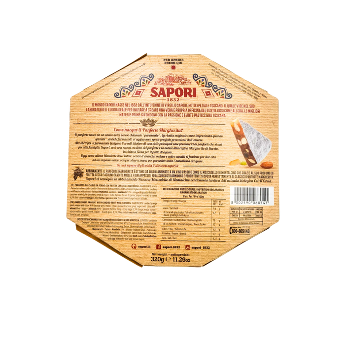 Face arrière du Panforte Margherita Sapori avec détails de la composition et informations nutritionnelles, 320g.