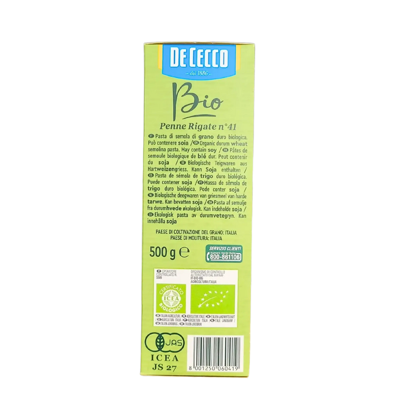 Emballage arrière des penne rigate bio De Cecco 500g, pâtes italiennes biologiques certifiées.