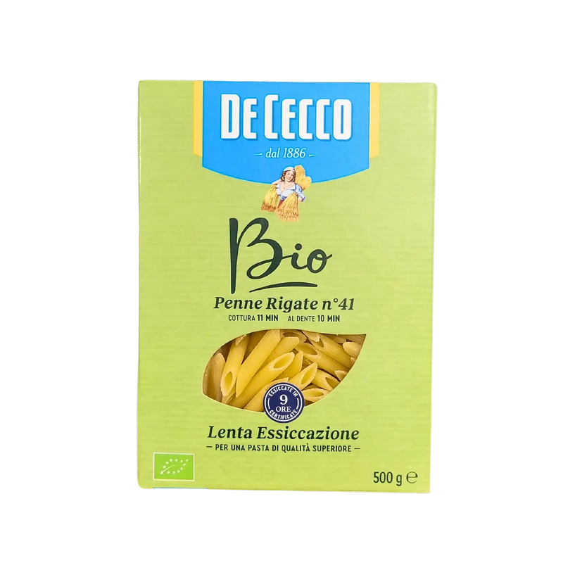 Boîte de penne rigate bio De Cecco 500g, pâtes italiennes biologiques de qualité supérieure.