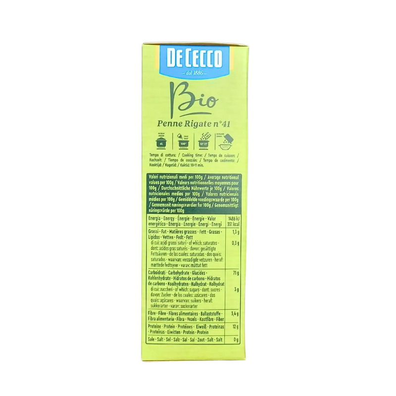 Emballage de penne rigate bio De Cecco 500g montrant des informations nutritionnelles.