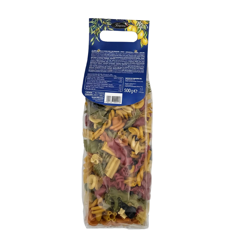 Dos du paquet de pâtes Fantasie Specialità d'Autore Pastificio Temporin 500g - Informations nutritionnelles et ingrédients.