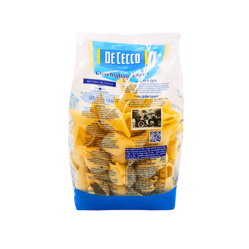 Conchiglioni De Cecco N°126, pâtes italiennes à farcir de 500g, paquet en plastique.