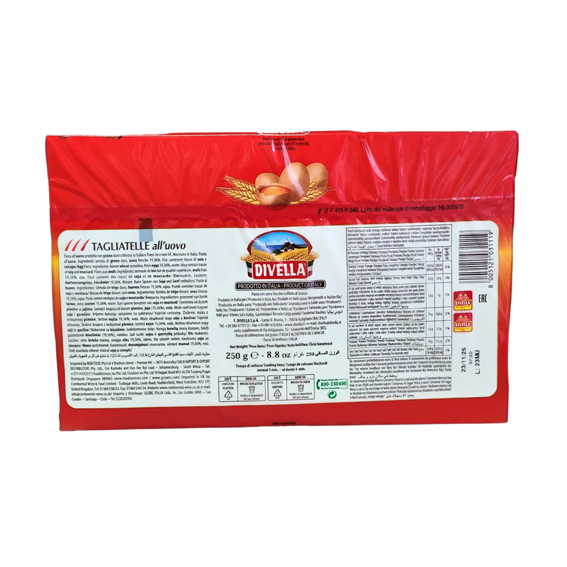 Dos du paquet de tagliatelles aux œufs Divella 250g, informations ingrédients et nutrition.