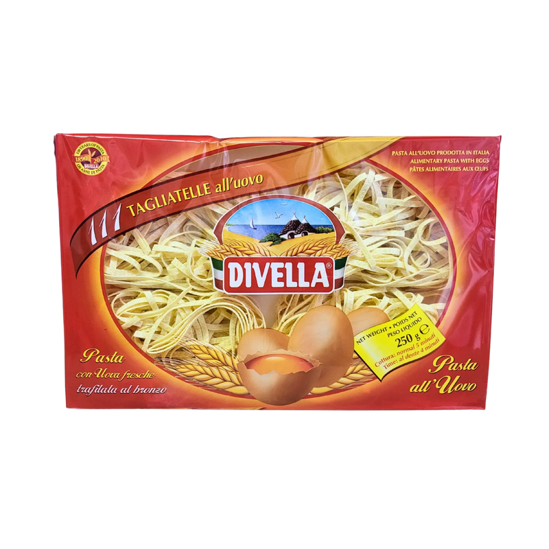 Paquet de tagliatelles aux œufs Divella 250g, vue avant, pâtes italiennes traditionnelles.
