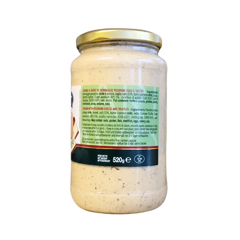 Pot de crème de truffe ElleEsse de 520g, alliant fromage pecorino fondu et truffes d'été pour une touche gastronomique unique.