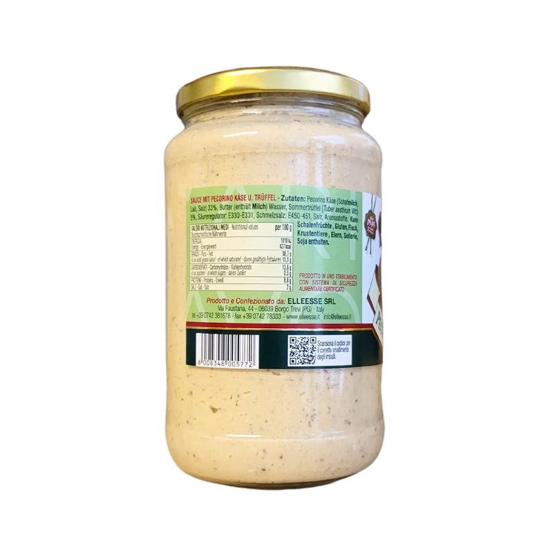 Pot de crème de truffe ElleEsse 520g avec fromage Pecorino et truffes, vue arrière de l'emballage.