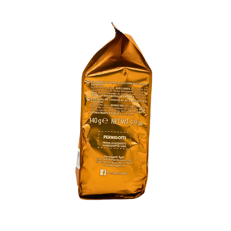 Emballage arrière du gianduiotto pernigotti pralinés chocolat noisettes 140g, spécialité italienne.