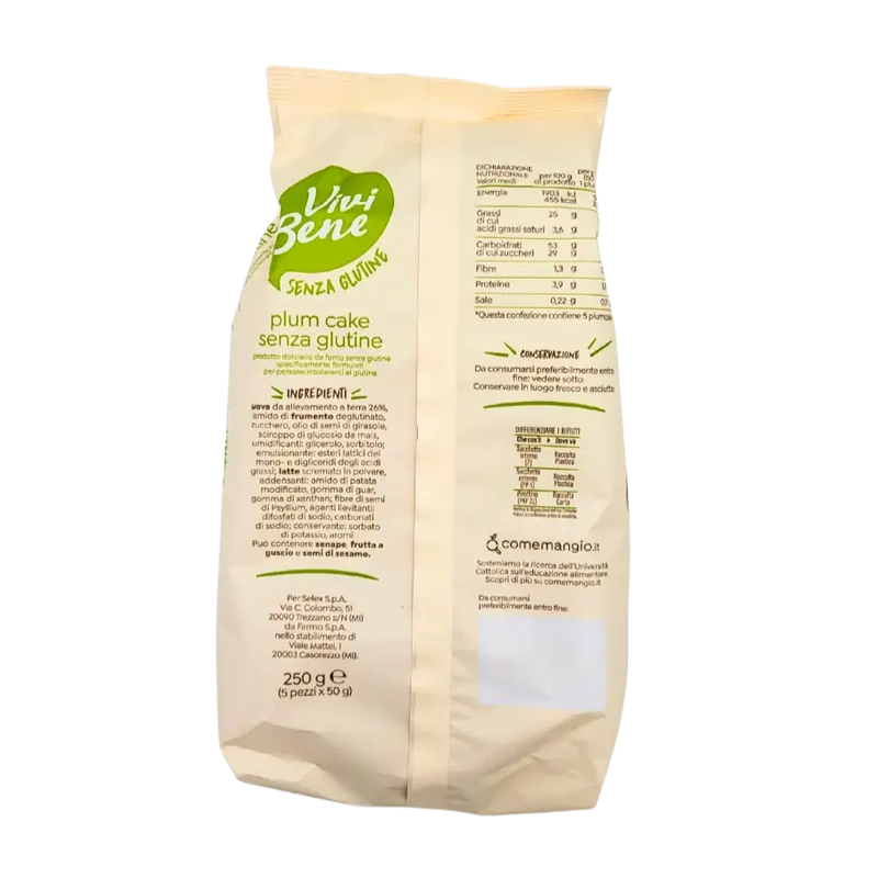 Emballage arrière du plum cake sans gluten Vivi Bene 250g