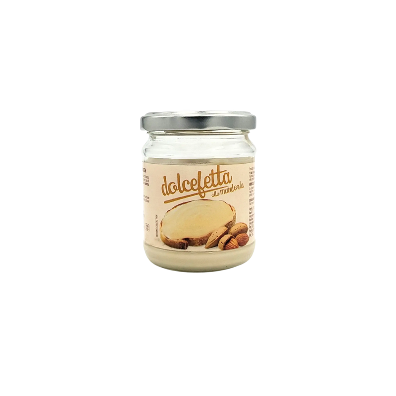 Pot de 180g de Crème d’Amande Sicilienne Dolcetta alla Mandorla avec étiquette et amandes illustrées.