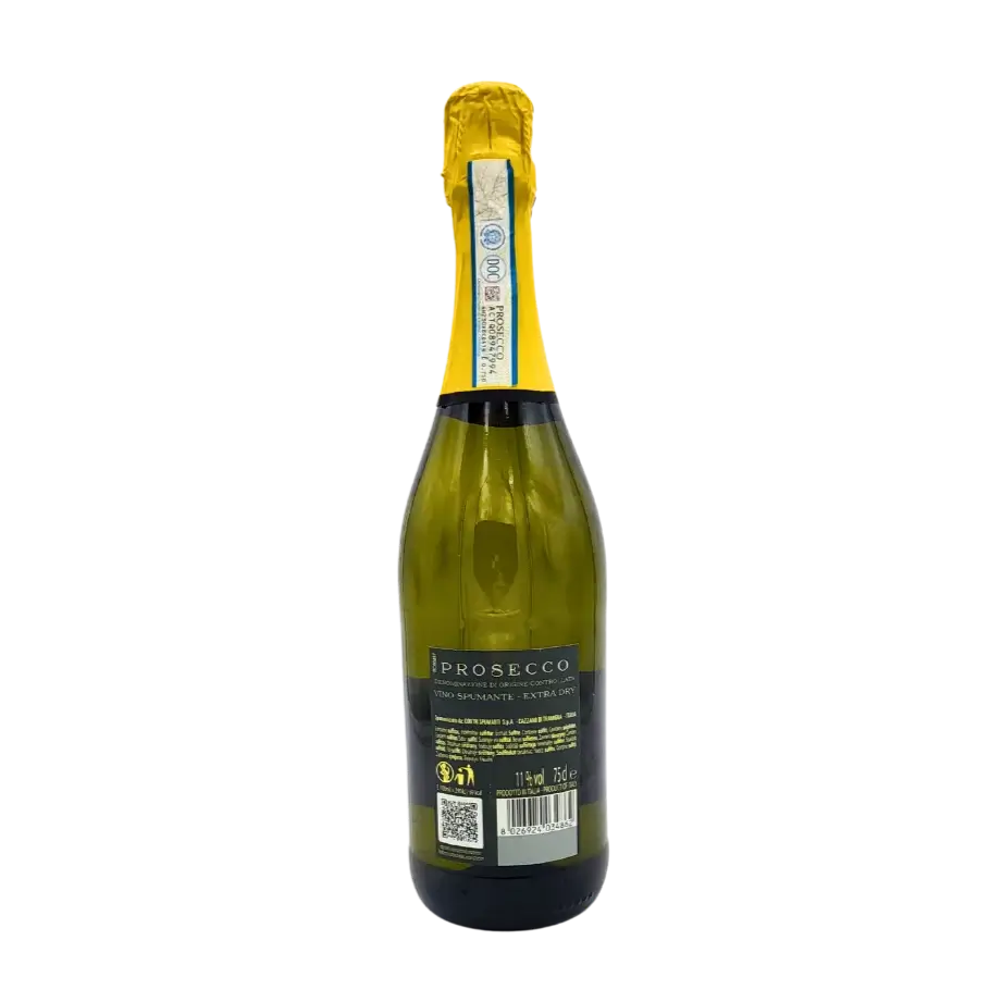 Flasche Prosecco Valmarone DOC Spumante Extra Dry 75cl mit auffälligem Etikett.