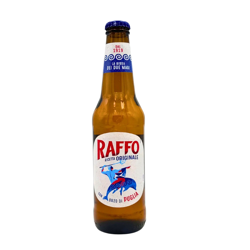 Bière Raffo 33cl, une bouteille de bière blonde italienne authentique des Pouilles, brassée depuis 1919.