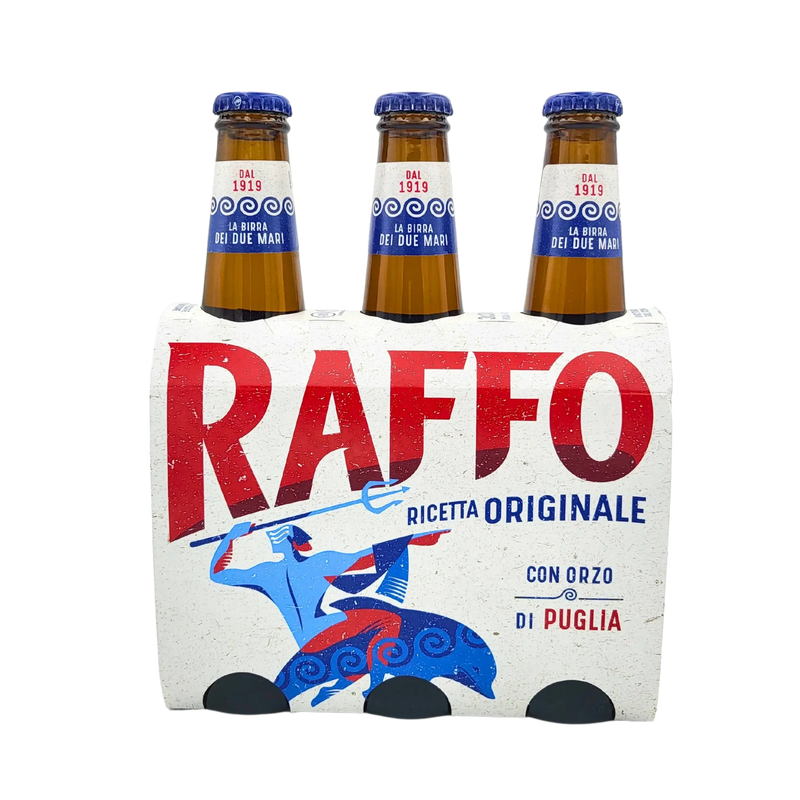 Bière Raffo 33cl pack with three bottles showcasing authentic Italian beer brand.