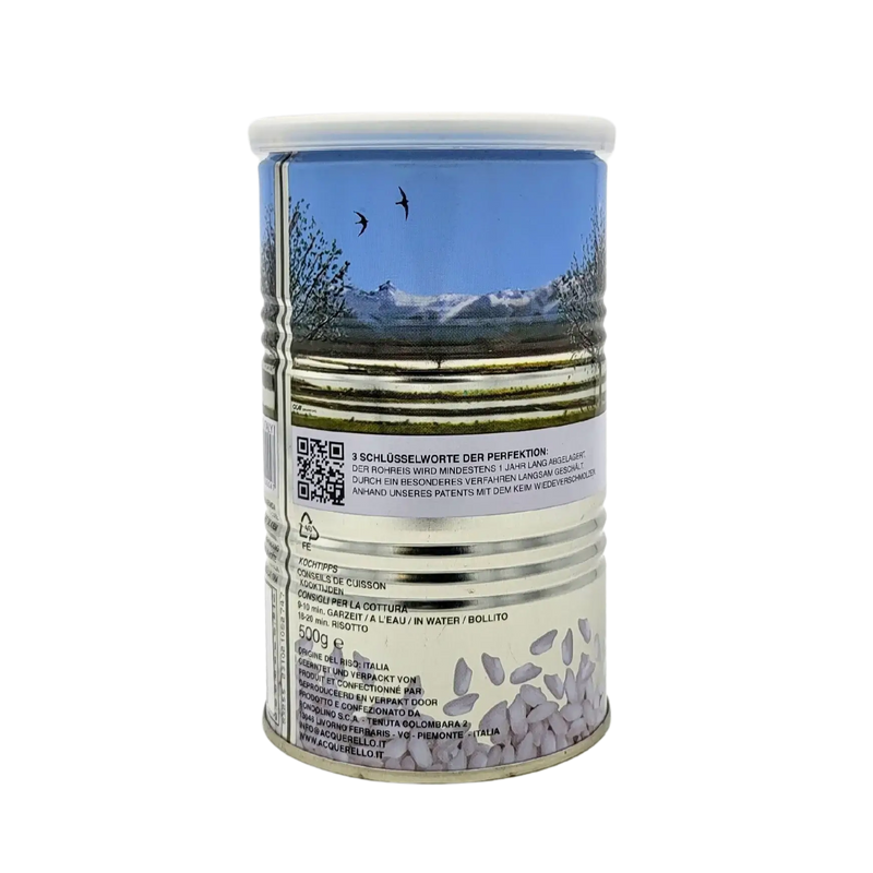 Composition et informations sur la préparation du riz Acquerello 500g, spécialité italienne pour risottos.