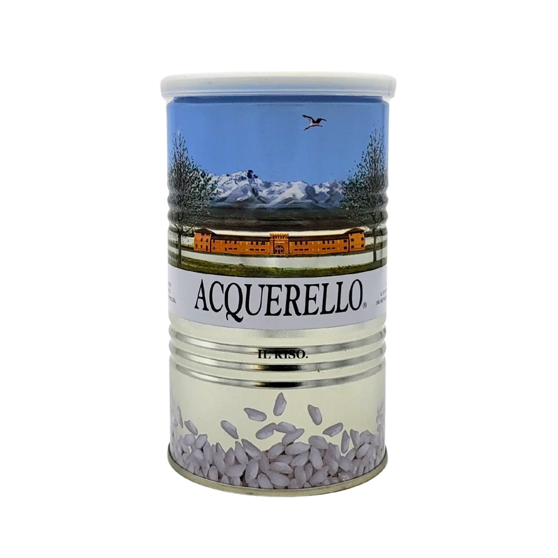 Riz Acquerello Carnaroli 500g, conditionné en boîte métallique, idéal pour risottos italiens de qualité.