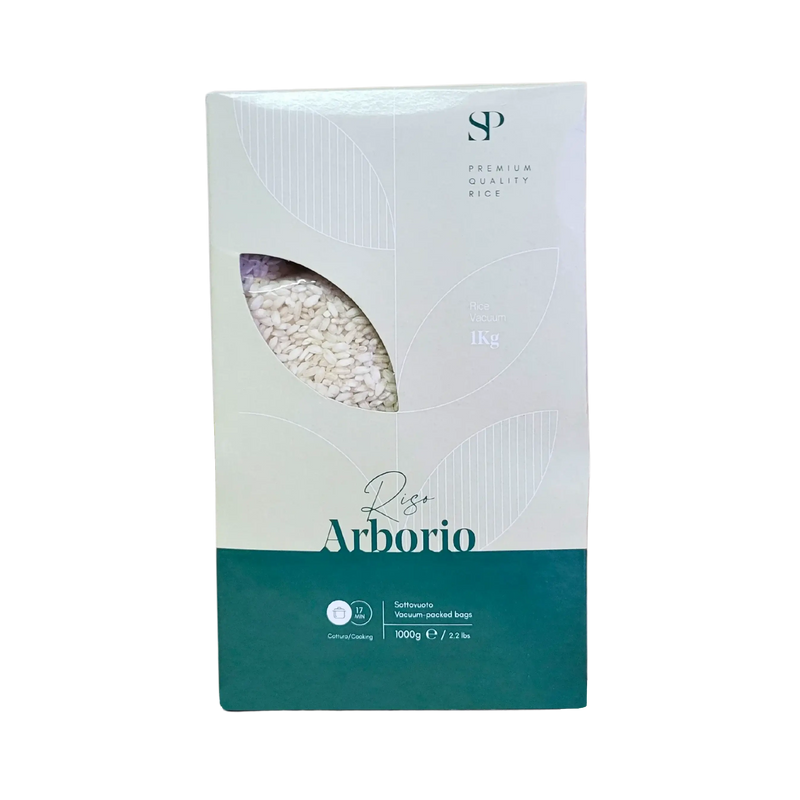 Riz Arborio Premium SP 1kg - Vue de face, emballage élégant et transparent.