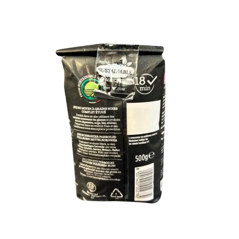 Emballage arrière du riz noir Gallo Rustico Nero 500g, avec des instructions de cuisson et des certifications de durabilité.