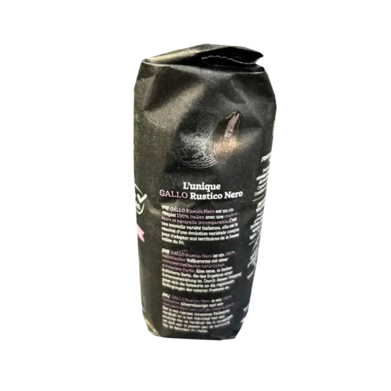 Description du riz noir Gallo Rustico Nero 500g, avec détails sur son origine italienne et ses caractéristiques uniques.