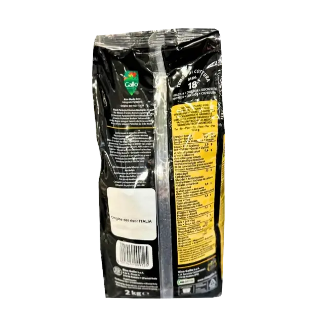 Informations nutritionnelles et origine du Riz noir intégral Gallo 2 kg - Emballage pratique pour un riz de qualité supérieure.