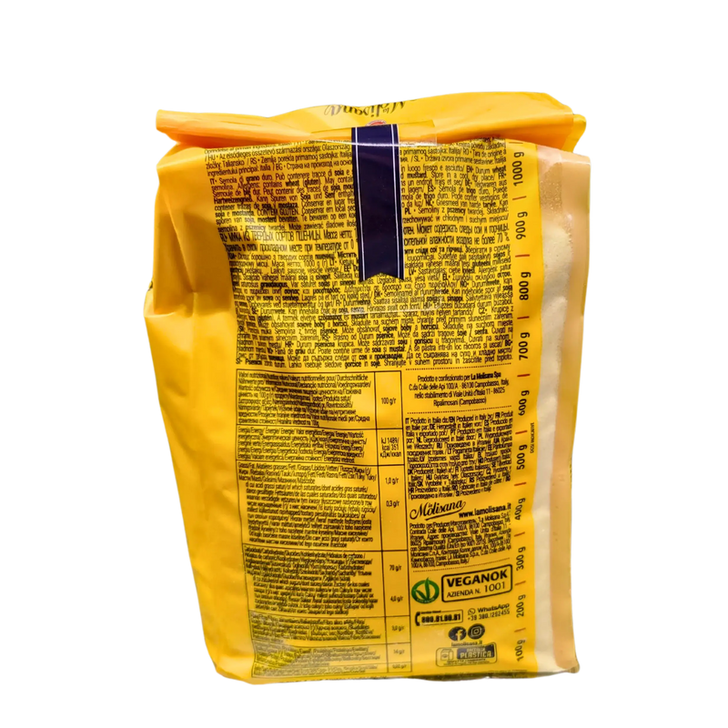 Semoule de Blé Dur La Molisana 1kg - Vue arrière avec information nutritionnelle