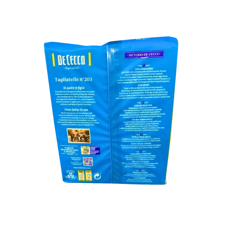 Tagliatelle n°203 De Cecco 500g - Vue arrière avec informations sur la qualité et le processus de fabrication des pâtes.