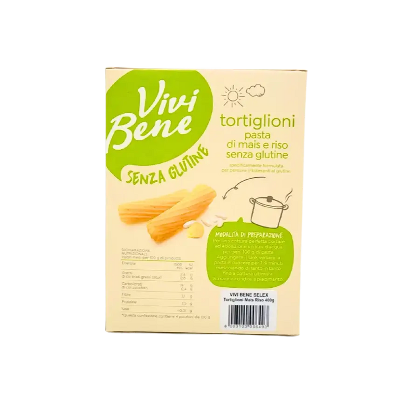 Dos de l'emballage des pâtes sans gluten Vivi Bene avec tableau nutritionnel et instructions de cuisson