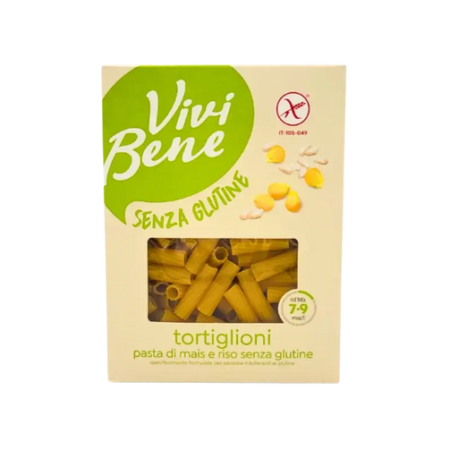 Boîte de pâtes sans gluten Vivi Bene Tortiglioni 400g – face avant avec fenêtre et logo "Senza Glutine"