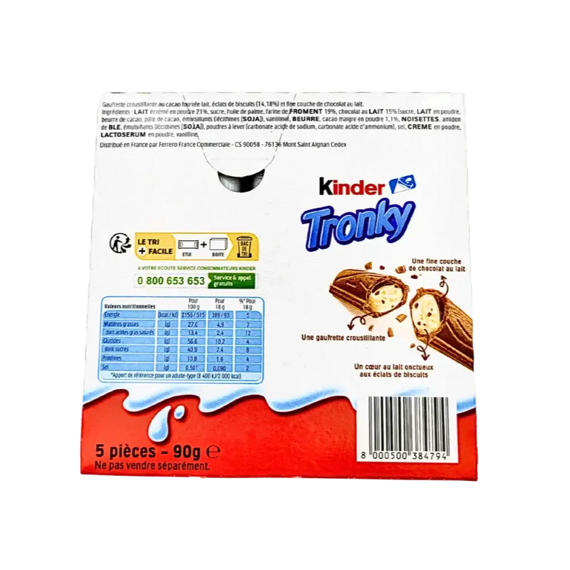 Boîte de gaufrette Kinder Tronky 90g avec illustration de gaufrette au cacao et cœur de lait, présentation du produit et information nutritionnelle.