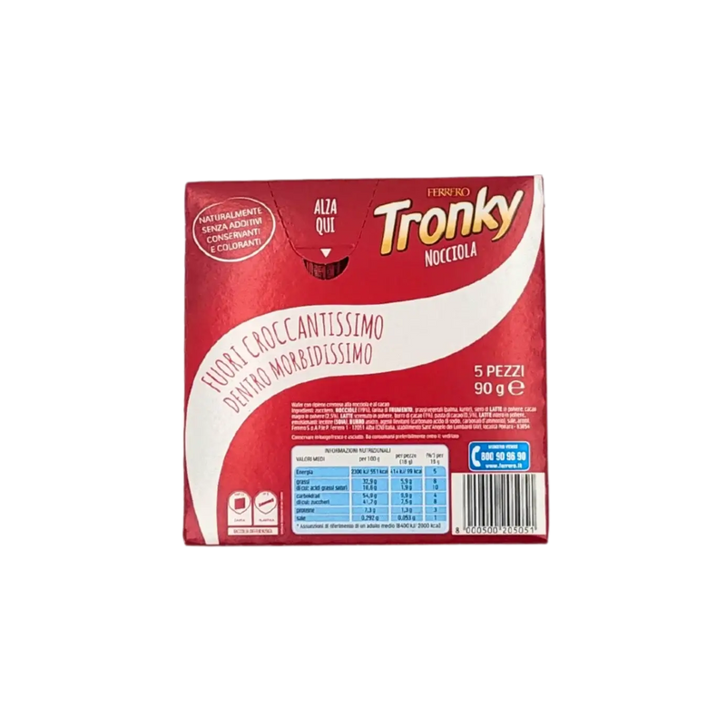 Boîte de Tronky Ferrero 90 g, gaufrettes croustillantes à la noisette dans un emballage rouge élégant.