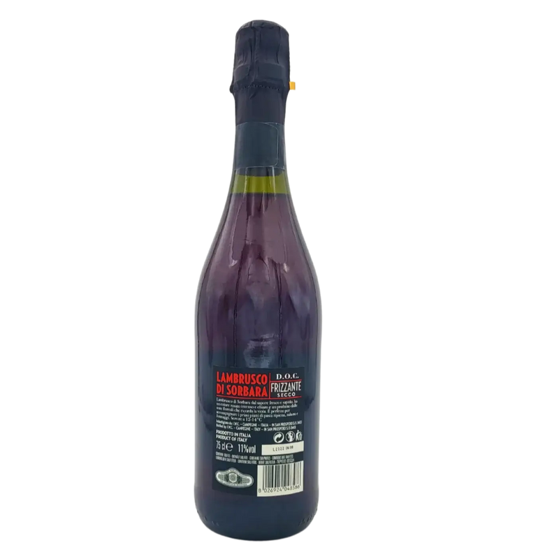 Bouteille de Lambrusco di Sorbara, vin rouge pétillant italien, 75cl, aux notes florales et fruitées, provenant d'Émilie-Romagne.