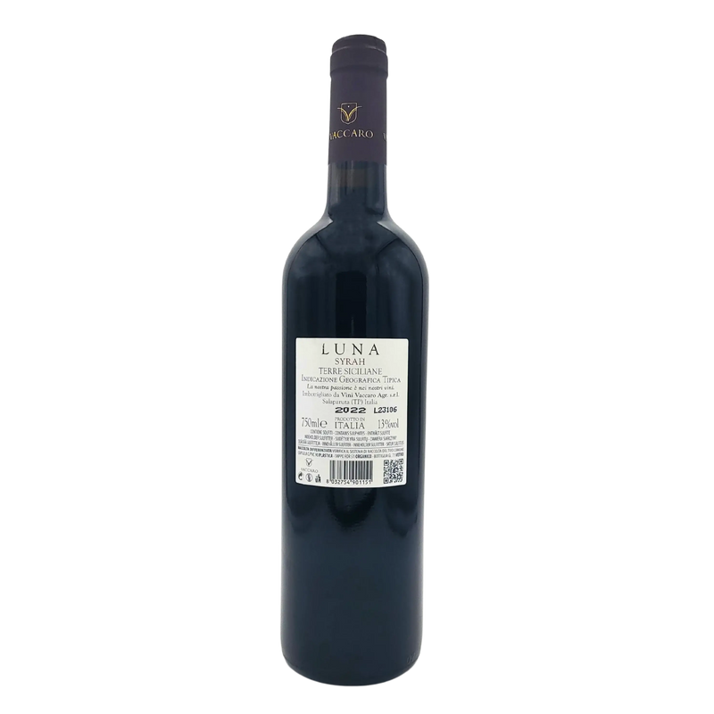 Bouteille de vin rouge Luna Syrah Terre Siciliane IGT Vaccaro 75cl, vin élégant et fruité de Sicile.