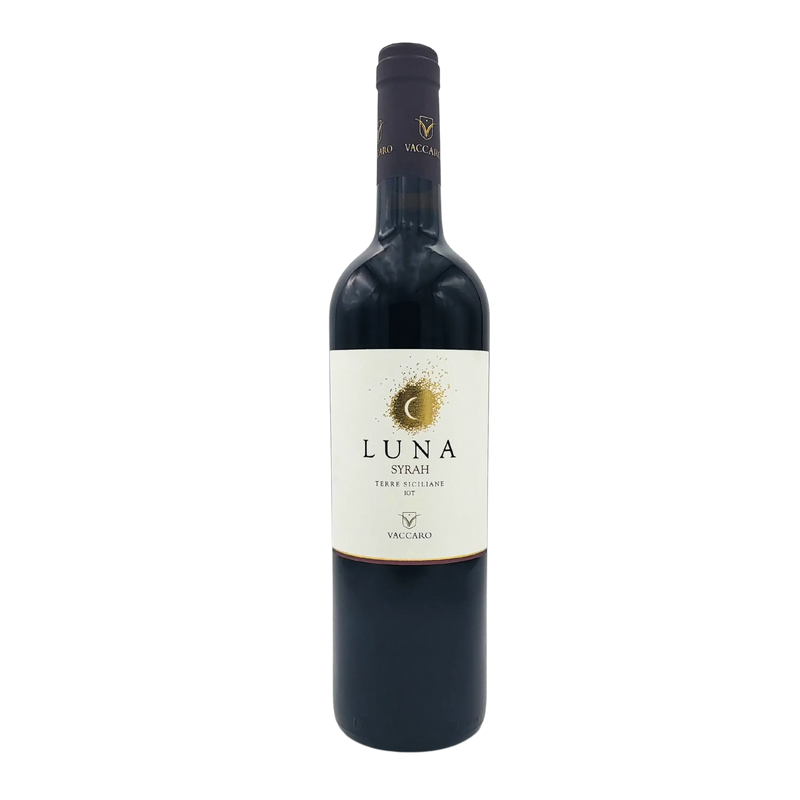 Bouteille de vin rouge Luna Syrah Terre Siciliane IGT Vaccaro 75cl, étiquette élégante avec un logo distinctif.