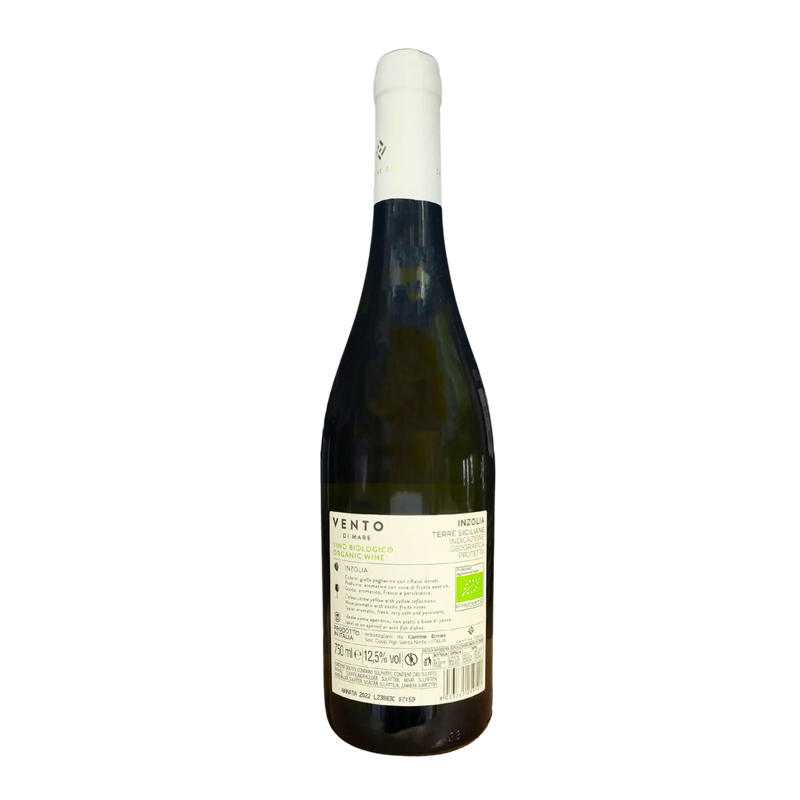 Étiquette arrière de la bouteille de vin blanc Vento di Mare Inzolia, un vin sicilien biologique, 75cl, 12,5% vol.