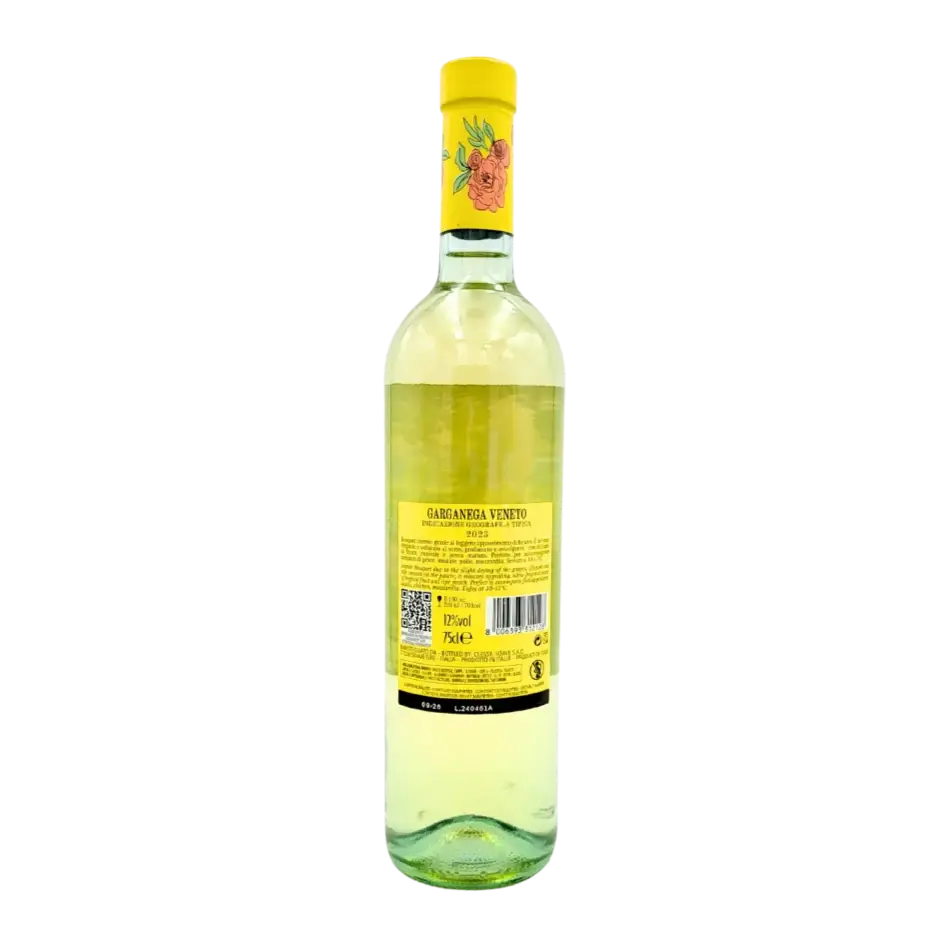 Bouteille de vin blanc Garganega Veneto Volere de 75cl avec étiquette jaune et floral.