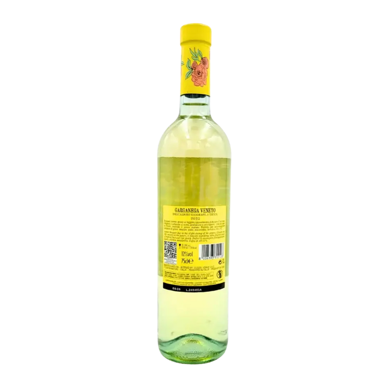 Bouteille de vin blanc Garganega Veneto Volere de 75cl avec étiquette jaune et floral.