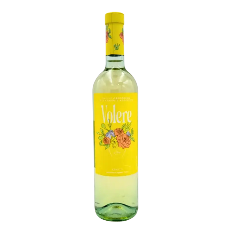Bouteille de vin blanc Garganega Veneto Volere 75cl, légèrement pétillant avec étiquette florale colorée.