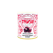 Pot Toschi Amarena 1kg vue avant, décor rouge et blanc, cerises au sirop italiennes premium.