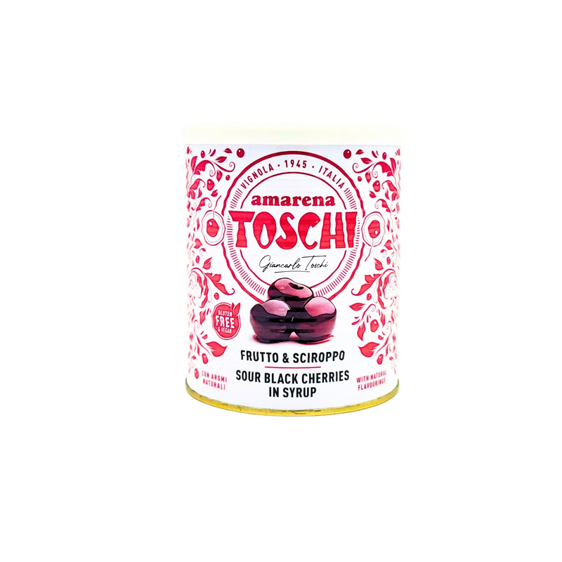 Pot Toschi Amarena 1kg vue avant, décor rouge et blanc, cerises au sirop italiennes premium.
