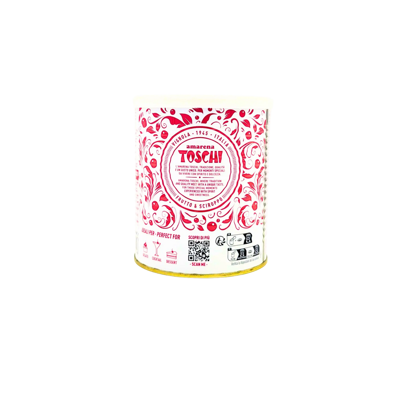 Pot Amarena Toschi 1kg présentation produit avec motifs rouges et label d’authenticité.